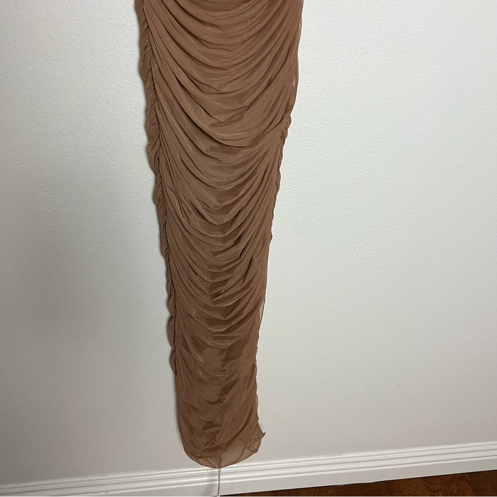 House of CB Fornarina Organza Mesh Ruched Maxi Dress Tan Size Small - Picture 6 of 12
